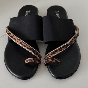 Toscana Black Slide Sandals with Leopard Strap and Crystal Trim